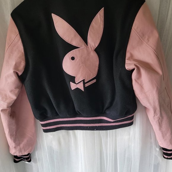 VTG Y2K Genuine Leather Wool Pink Playboy Bunny Reversible Varsity Jacket - Picture 6 of 12